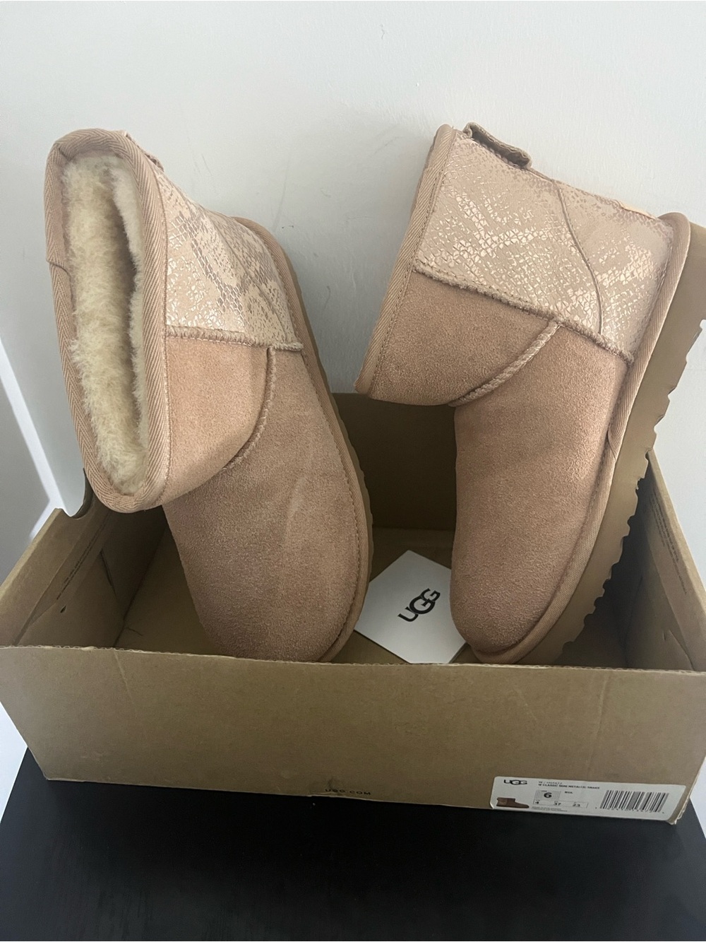 UGG Women's Mini Boot in Pink with Shearling Metallic trim